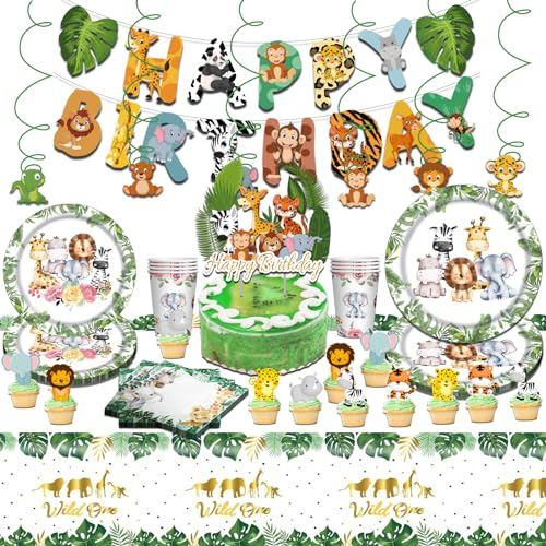 Jungle Safari Thème Assiette Decoration, Garcon Anniversaire Animaux Vaisselle Deco, Safari Ballons Nappe Pailles Serviettes, Lot de 70 ustensiles de fête pour 10 invités.