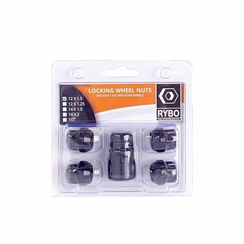 RYBO Set of 4 Open-Ended Alloy Wheel Locking Nuts, M12 x 1.5 (Black)