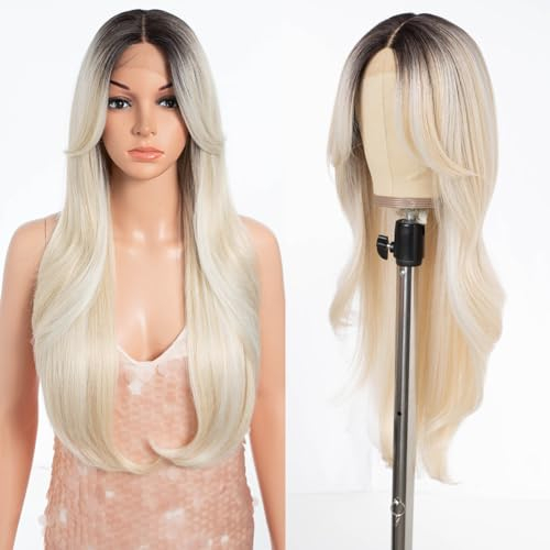Style Icon Curtain Bangs Perücke Synthetische Lace Front Perücke Blonde T Part Lace Long Layered Wave Perücken für Damen 26 Zoll (TTPG 6/613F/1001E)