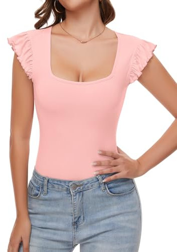 WOWENY Body da donna manica corta collo quadrato volant body T-shirt a costine top eleganti e comodi