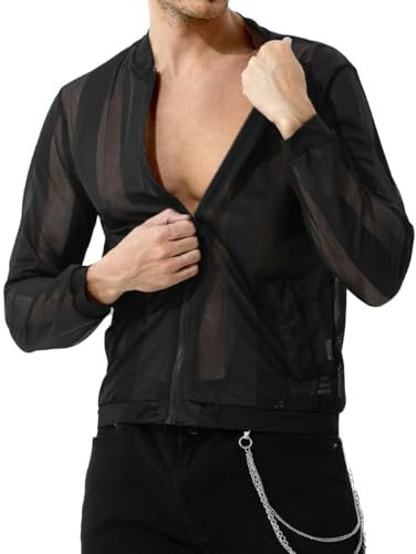 Casey Kevin Camiseta Malla Larga Transparente Hombre, Sexy Muscle T-Shirts, Camiseta de Rayas Malla Fiesta