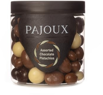 Pajoux Assorted Chocolate Pistachios (Small) 190g | Dark, Milk and White Chocolate Pistachios - Whole Pistachio Nuts - Palm Oil Free - Chocolate in a Gift Jar