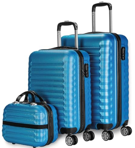 NUMADA - Lot de Valises Cabine de Voyage Bleu, Moyenne (53/63cm) et Trousse de Toilette. Rigides 4 Roues, ABS, Robustes, Durables et Légères. Serrure à Combinaison