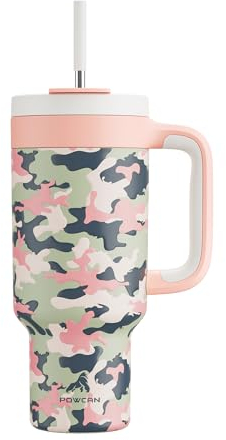 POWCAN Camo Tumbler mit Griff, 2-in-1-Strohhalm und Trinkdeckel, auslaufsicher, spülmaschinenfest, isolierter Reise-Kaffeebecher aus Edelstahl, hält 34 Stunden kalt, passt in Auto-Becherhalter (Rose