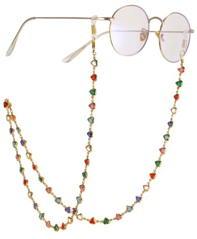 TEAMER Bunte Herz-Brillenkette, Leseglaskette, schwarzes Herz, Kristallperlen, Brillenkette, Brillenkette, Sommer, Strand, Bohemian-Schmuck für Damen und Herren, Buntes Herz – Gold, Heart Eyeglass