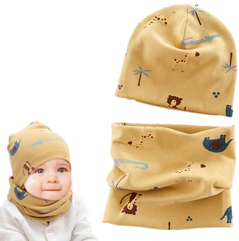 Norhogo Baby Kinder Baumwolle Mütze Schal Set, Wintermütze für Jungen Mädchen Baumwolle, Beanie Hüte + Schlauchschal, Baby Schals Winter Loop Schal Junge Und Mädchen, L, Gelb Elefant