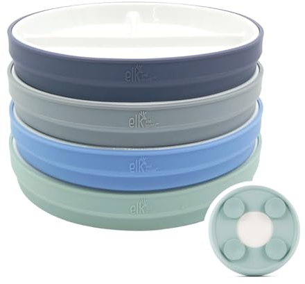 Elk and Friends Kids 7.8” Porcelain White Divided Plates with Silicone Suction Sleeves | Suitable for Babies/Toddlers | Microwave & Dishwasher Safe | Stay Put Dinnerware | Snack Dishes | 4 Pack