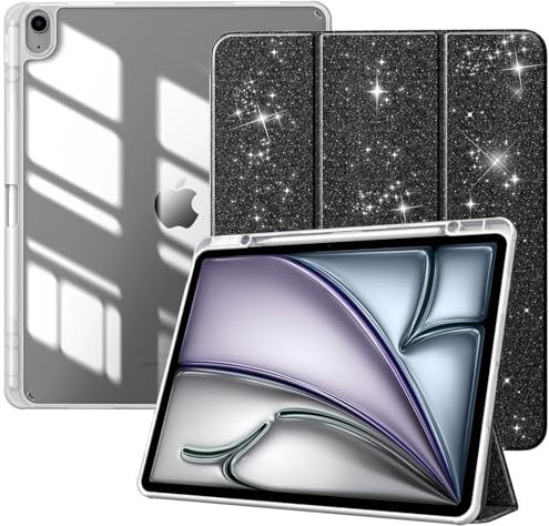 TiMOVO Funda para Nuevo iPad Air 13 Pulgadas(M3/M2-2025/2024) con Runura para Lápiz,Cubierta Delgada con Soporte,Funda Trasera Transparente para iPad Air 13,Auto Activación/Reposo, Brillo Negro