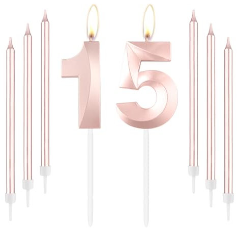 mciskin Rose Gold 15 Birthday Candles-Number 15 Candle for Cake with Long Thin Candles Set, Rose Gold Cake Topper for Girl 15th Birthday Decorations Supplies,15th Wedding Anniversary Decorations