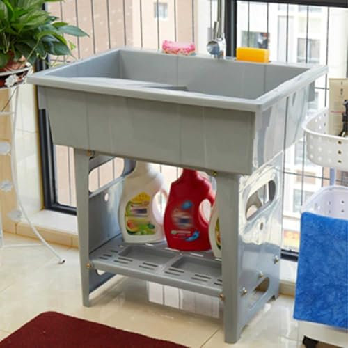 Fregadero Independiente con Tabla De Lavar, Bañera De Plástico con Grifo Y Escurridor De Acero Inoxidable, Estación De Lavado De Manos Portátil para Lavadero, Jardín