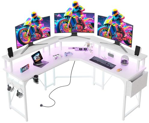TRIUMPHKEY Scrivania da Gaming con LED,Tavolo da Gioco 153x153x90cm,Scrivania per Computer con Supporto per Monitor,Tavolo da Gaming per PC con 2 prese e 2 porte USB,Fibra Di Carbonio Bianco