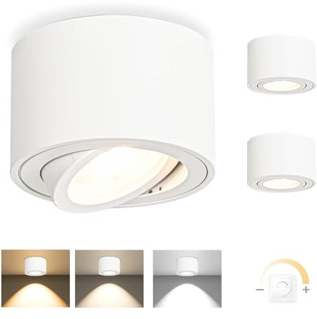 YindaLux 3x 3CCT LED Aufbauspot Weiß - Extra Flach & 30° Schwenkbar Spots Deckenleuchte - Ø80x50mm - Aufputz Decke inkl. 5W 500LM Dimmbar LED Modul 230V - Deckenspots, Deckenstrahler Aufbaustrahler