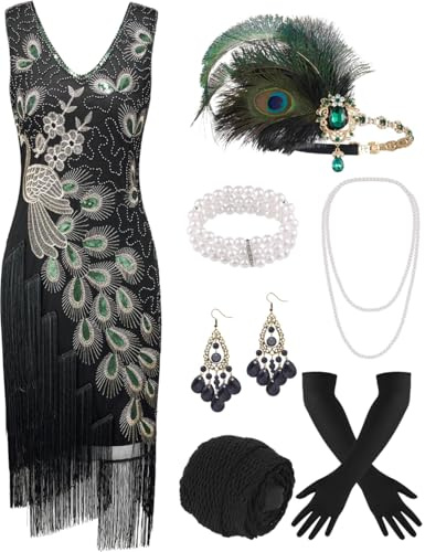 ELFIN 20er Dresses Flapper Kleid Damen Pailletten Fransen Kleid 20er Party Kleid Cocktailkleid Vintage 1920er Kostüm Kleider Set mit Stirnband, Kopfbedeckung, Langen schwarzen Handschuhen, Halskette