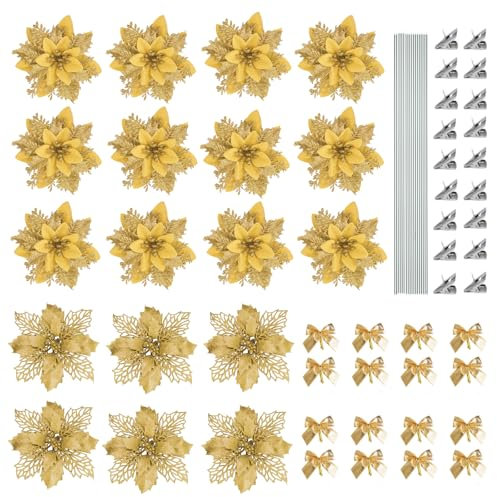 MHMondawn 18 Stück Glitter Weihnachten Blumen Set, 12 Stück Schleifen, christrose künstlich, Weihnachten Baumschmuck, weihnachtsblumen künstlich (Gold)