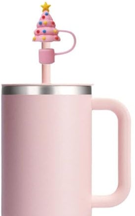 Cute Pink Christmas Straw Cover Cap for Stanley Cup, 10mm Dust-Proof Drinking Straw Reusable Straw Tips Lids, Christmas Straw Cover, Santa Claus Christmas Tree Silicone Straw Covers Toppers