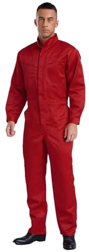 dPois Herren Arbeitsoverall Baumwolle Einteiler Jumpsuit Ganzkörperanzug Arbeitsanzug mit Taschen Erwachsehe Arbeitskleidung für Bau Werkstatt Rot 4XL