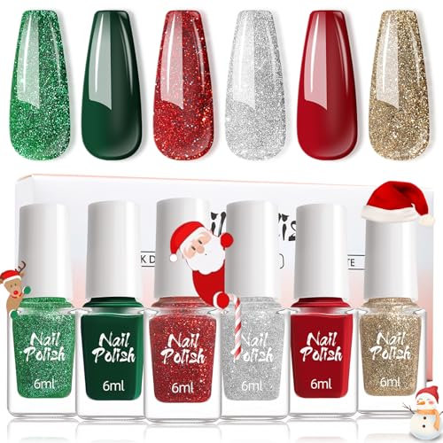 DMQ Christmas Nail Varnish Sets - 6 Colors Red Green Silver Gold Glitter Nail Polish Kit, Quick Dry Long Lasting Christmas Nail Gel Polish Nail Art Manicure DIY Gifts for Women