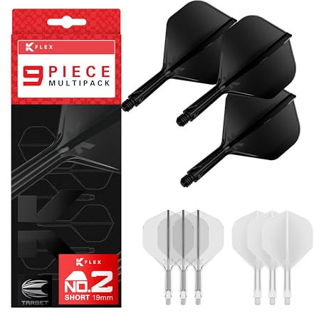 Target Darts K-Flex Integrated Dart Flights and Shafts, Short Stem (19mm), No.2 Flight, 9-pack Bundle, Black, White & Clear