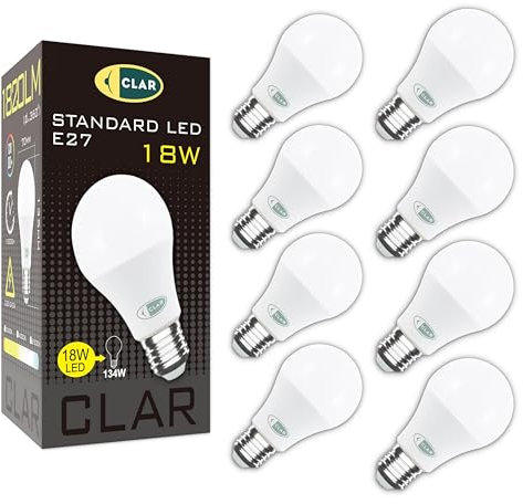 CLAR - Glühbirne LED 18W Leistungsstarke, Ersatz für herkömmliche 120-150W Glühbirnen, Warmweiß 3000ºK (Pack 8)