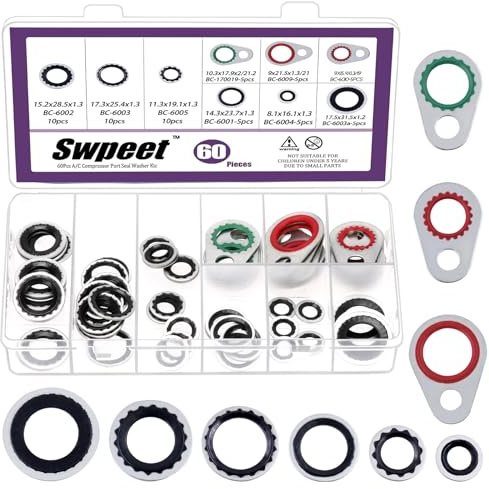 Swpeet 60Pcs 9 Größe A/C System Kompressor Dichtung Dichtung Sortiment Kit, Klimaanlage Kompressor Port Dichtung Waschmaschine, gebundene Dichtung Dichtung, A/C Kompressor Dichtung Dichtung Dichtung