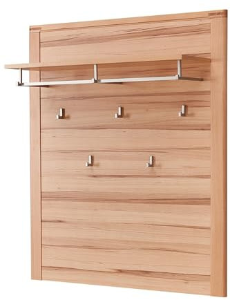möbelando Garderobenpaneel >Nature One< in Kernbuche Teil-massiv FSC-Zertifiziert - Modernes Flurgarderoben Paneel mit 5 zuverlässigen Wandhaken und ABlageboden - 90/110 / 29 cm (B/H/T)