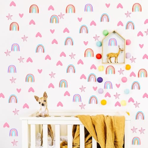 Ptwola 82 Pcs Watercolor Rainbow Hearts Wall Decals Small Heart Sun Star Decor Stickers Removable Peel Stick Wallpaper Mural for Girls Kids Bedroom Room Nursery Birthday Party DIY Decorations