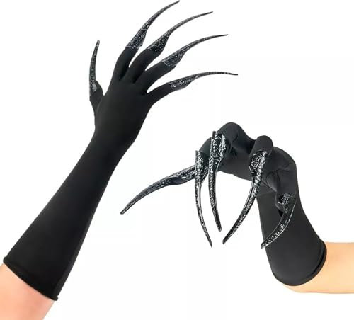 Moonlove Halloween Horror Pointy Claw Gloves, Includes Black Mittens & 10pcs Long Fingernail Rings, Cosplay Vampire Witch Demon Wizard Crow Fancy Dress Costume Partywear Accessory Party Props