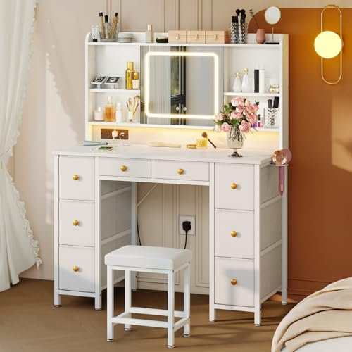 ODK Vanity Desk with Movable LED Mirror and 8 Drawers, Dressing Table with Built-in USB Power Outlets & RGB Light Strip, Vanity Table with 4-Layer Adjustable Shelves, White Makeup Desk 110×40×137cm