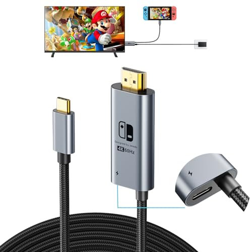 JINGDU 4K@60Hz USB C to HDMI Dock Cable with PD100W Charging Port, Portable Switch to TV Connector Adapter for Nintendo Switch NS/OLED Screen Mirroring, Braided Cord, 2m, Grey