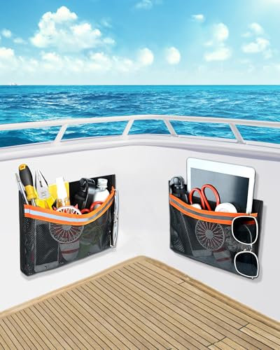 PLOZANO Boat Storage Accessories, PVC Reflective Self-Adhesive Universal Boat Caddy Organizer Mesh Bag for Gloves, Tools, Tackle, Gear(2 Pack, 10*7)