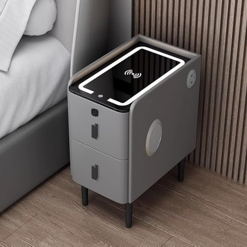 OUBBDVRT Modern Wireless Charging Bedside Table with LED Lights Smart Home Gadget for Bedroom with 2 Drawers.