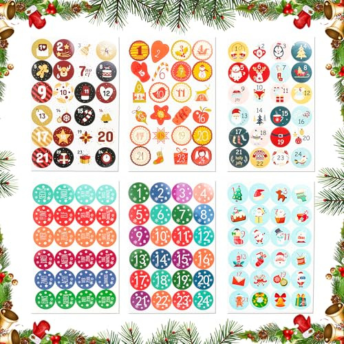 DAQUN 6 Pcs Christmas Number Stickers 1-24, Advent Calendar Stickers 1-24, Self-Adhesive Removable Countdown Sticker for DIY Crafts, Baking Labels, Gift Tags, Scrapbooking