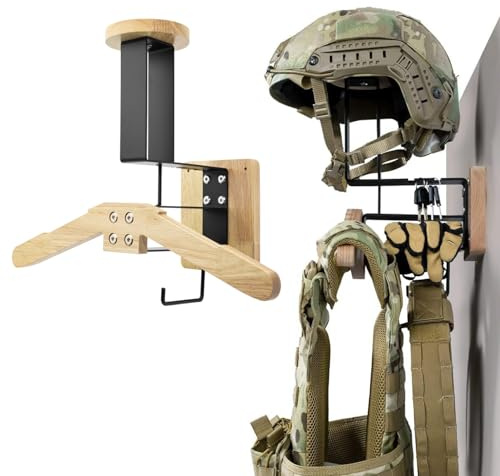 Tactical Gear Wall Mount Stand - Motorcycle Helmet Holder Display Stand with Hooks, Solid Wood Airsoft Plate Carrier Rack for Police, Football and Cycling Suit (Natural)