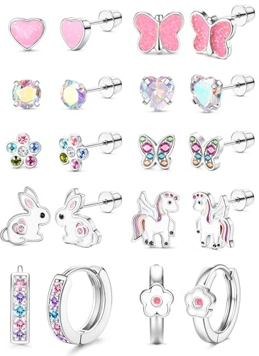 Adramata 10 Paar Ohrringe Mädchen Ohrstecker Chirurgenstahl Ohrringe Kinder | Hypoallergene Ohrringe, Flatback Ohrstecker Set für Damen, CZ Blume Herz Schmetterling Ohrstecker