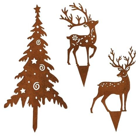 Generisch 3er Set Deko Baum aus Edelrost Metall, Rost Hirsch Deko Weihnachten Outdoor, Weihnachtsstecker Hirsch Metall, Wetterfeste Gartendeko mit Rostoptik, Für die Herbst Winter Saison Dekoration