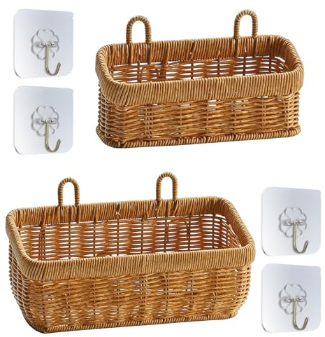 PORFOYO 2 Stück Aufbewahrungskorb Geflochten, Geflochtener Hängekorb, Aus Rattan Wandhalterung Organizer, Hängekorb, Flechtkorb Für Die Dekoration Von Wohnzimmern, Schlafzimmern Und Büros, Gelb