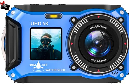Digitalkamera, Yixinxin 4K 64MP 33FT UHD Unterwasserkamera zum Schnorcheln mit 32GB Karte Dual-Screen Kompakte wasserdichte staubdichte schwimmfähige Kamera Autofokus Digitalkamera wasserdicht 1500mAh