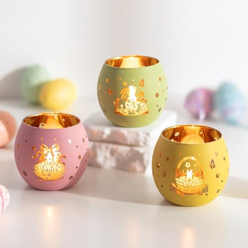 Glasseam Teelichthalter Glas für Osterdeko Tisch: 3Pcs Teelichtgläser | Mit Hasen Osterei, Für Oster Deko, Niedlichen Kerzengläser, Tischdeko Oster, Geschenke für Frühlingsdeko