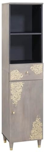 Yisssmeng Badezimmer Hochkommode 38x33x160 cm Mangoholz Grau mit Golddruck und Messinggriffen, schmal & platzsparend, Modernes Sideboard für Flur Schlafzimmer Wohnzimmer