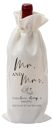 JIRVEX Hochzeitsgeschenk für Brautpaar, Mr. & Mrs. Weinbeutel Beige, Geschenktüte Hochzeit für Weinflasche oder Sekt, Flaschentasche mit Kordelzug, Wein Geschenkverpackung zur Hochzeit