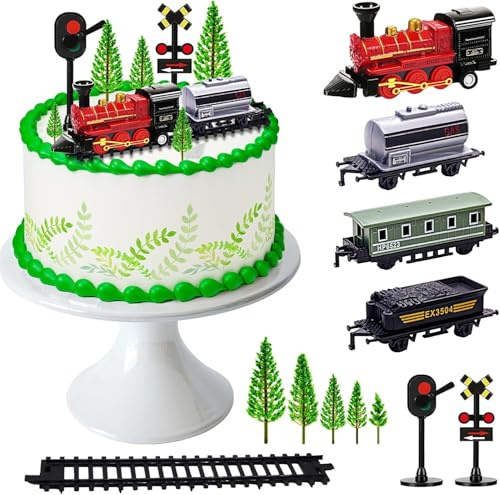 ZWLIYCHN Zug Tortendeko 12 Stück, Kuchendeko mit Mini 3D Zugmodelle, Traffic Ampeln, Grüne Bäume Cake Topper, Zug Torten Deko Cupcake Topper für Geburtstag, Jubiläum, BabyShower, Theme Party Zubehör