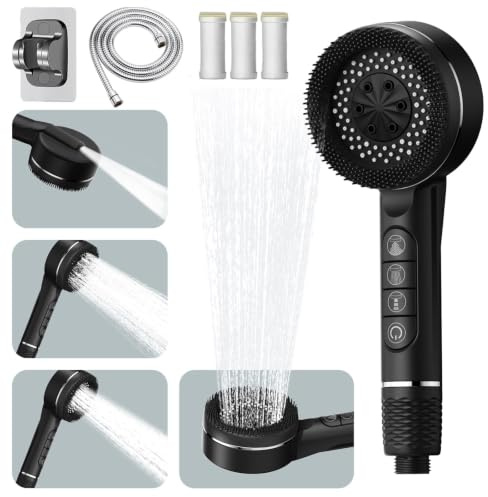 Handheld Power Shower Head and Hose - 1.5m, Silicone Brush, Power Shower Heads 4 Spray Modes, Pause Switch, Massage 15-Stage Filtered ShowerHead for Chlorine Removal, Black