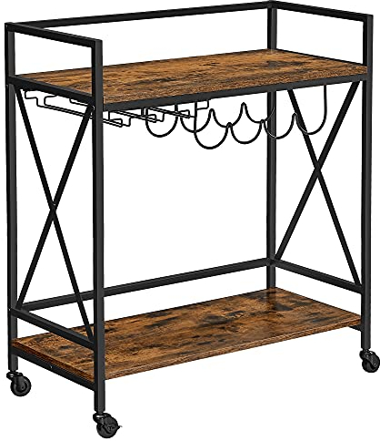 VASAGLE Barwagen, Servierwagen, mobiles Küchenregal mit Glasstielglasregal und Weinflaschenhaltern, industriell, rustikal, braun und schwarz ULRC088B01