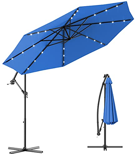 RELAX4LIFE Sombrilla Φ300cm con Lámpara Solar LED y Base en Cruz, Sombrilla de Playa con Altura y Ángulo Ajustables, Sistema de Manivela, Protección UV para Jardín, Balcón, Terraza, Piscina (Azul)