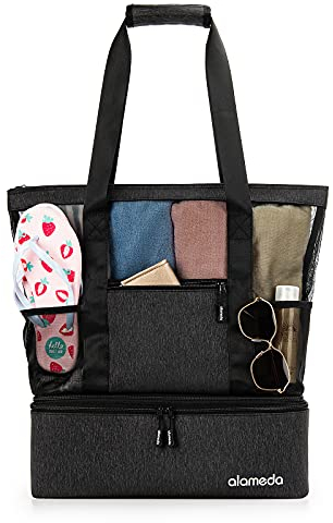 Alameda Bolsa de transporte de malla, bolsa de playa, bolsa isotérmica para viajes, bolsa de viaje con cremallera superior, alta capacidad, bolsa de playa o piscina, Gris Radiador, 16.1” x 13.8” 5.9