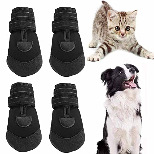 TokmaIi 4 Stück Drinnen und Draußen rutschfeste Schuhe für Hunde Katzen, wasserdichte Bequeme Hundeschuhe Hundestiefel Katzenschuhe mit Weicher Gummisohle für Pfotenschutz und Traktion (1#), Schwarz