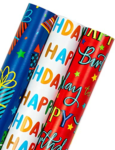 RUSPEPA Wendbare Geburtstagspapierrolle – Minirolle – 3 Rollen – 43,2 cm x 3,05 m pro Rolle – Happy Birthday-Schriftzug und Geschenkbox für Kindergeburtstag, Babyparty