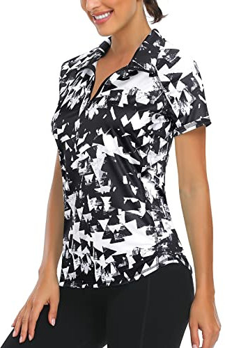 Womens Polo Shirts, Short Sleeve Sports Top Womens Zip Up Stretchy Polo Shirts Sports T Casual Argyle Print Summer Tops Black Geometric-XXL