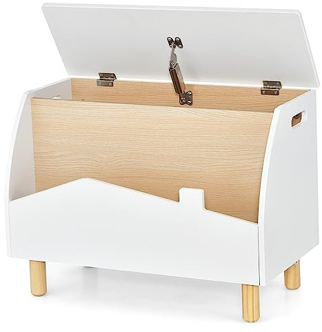 GYMAX Wooden Toy Box, Kids Storage Chest with Book Storage Space, Lid & Safety Hinge, Flip-Top Toddler Toy Organizer for Boys Girls (White)