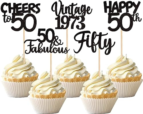 30 Stück Happy 50th Geburtstag Tortendeko Glitzer Fifty Vintage 1973 Cupcake Toppers Cheers to 50 Fabulous Kuchen Deko für 50. Geburtstag Hochzeitstag Party Kuchen Dekorationen Schwarz